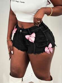 Slaydiva Quần short denim nữ gợi cảm, ôm sát, cạp thấp, thắt nơ, màu xanh dương, quần short nữ, quần jean nữ, quần short denim, trang phục mùa hè cho nữ nhân dịp Lễ Tình nhân, trang phục mùa hè xuân cho nữ. - màu đen - Xem 3