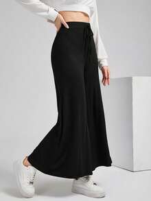 Seusyu 女士休闲纯色阔腿裤 - 黑色 - 查看 3