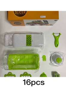 16 合 1 蔬菜切碎机（带容器）- 多功能厨房切洋葱、水果和蔬菜的塑料食品切片机，带安全锁，便携式设计和易清洁刀片，用于准备、切片、切丝、切蔬菜和切碎，简单的厨房工具，易于清洁 - 灰色 - 查看 17