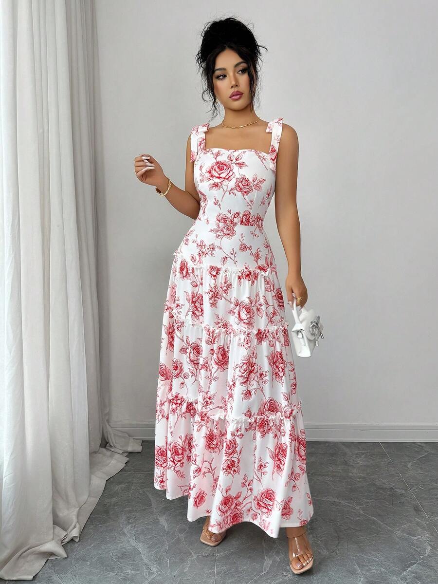 Elenzga Romantic Red Floral Print Spaghetti Strap Bow Tie Layered Maxi Dress, Elegant Casual Vacation Street Style, Spring/Summer - Red - View 1