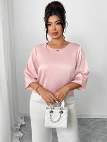 Elenzga Áo kiểu nữ cỡ lớn màu hồng lãng mạn cổ tròn tay lửng, cổ tay bồng thoải mái, thanh lịch và đa năng cho mùa xuân/hè, phù hợp cho các buổi họp mặt, tiệc trà chiều, đám cưới, tiệc tùng. - Hồng - Xem 5