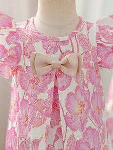 Glamorique Kids Baby Girls Spring/Summer New Jacquard Woven Bow Design Party Dress - Pink - View 4