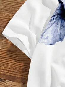 Manfinity Joysei Men's Casual Vacation Floral Print Loose Fit Short Shirt, Men's Cropped Top, Suitable For Outings, Vacation, Daily Wear - White - View 3