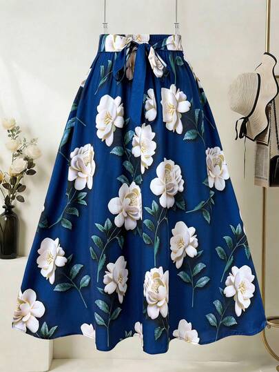 Franclia 大码女士优雅印花系带A字裙