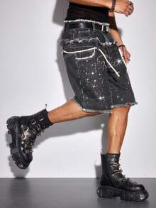 ROMWE MEN 男士带口袋做旧腰带水钻装饰牛仔短裤 - 灰色 - 查看 4