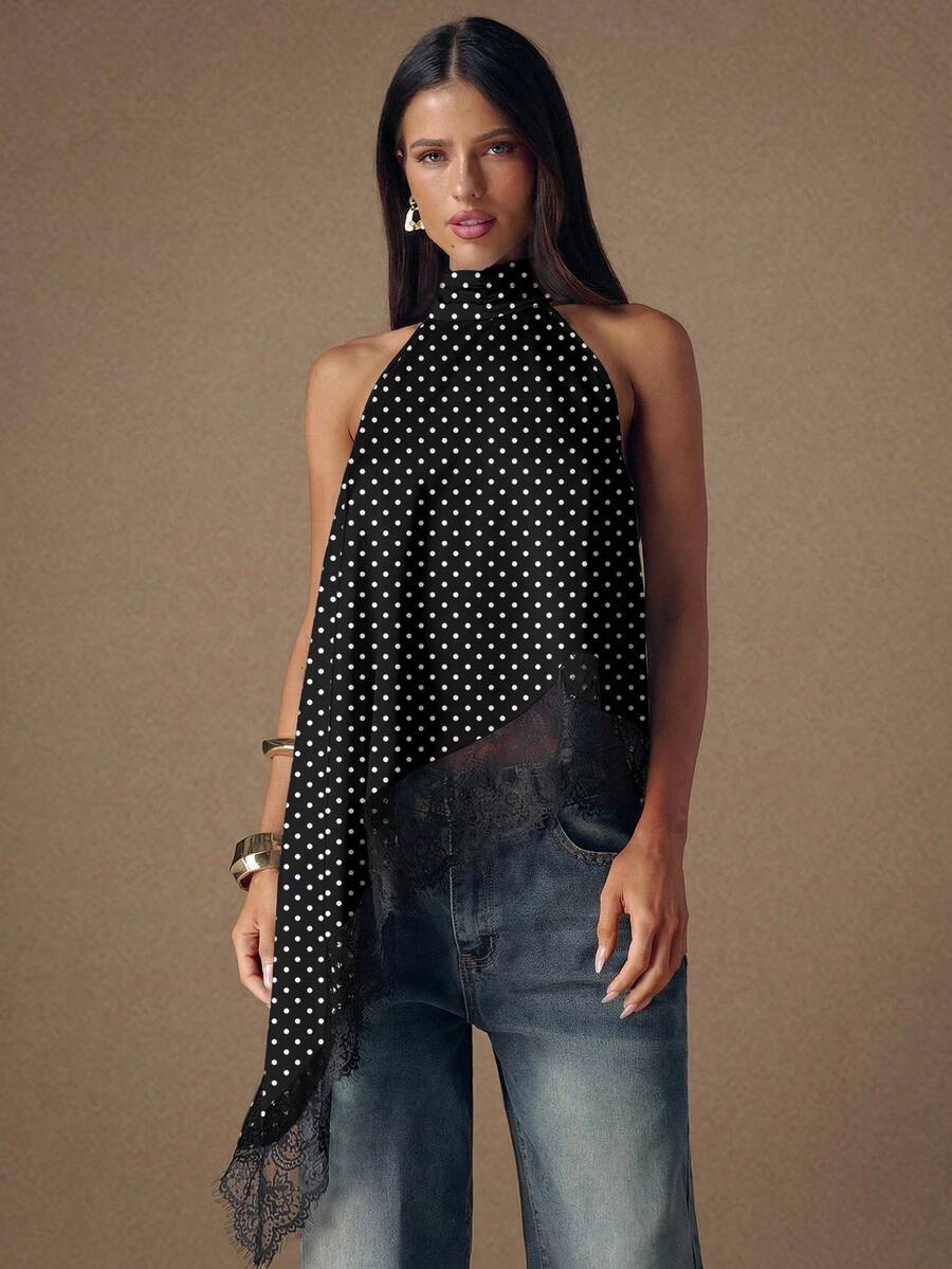 SHEIN BAE Casual Minimalist Sexy Style Black Background White Polka Dot Allover Print Asymmetrical Lace Hem Halter Neck Blouse, Suitable For Spring/Summer, Vacation, Sexy, Retro Spring - Multicolor - View 1