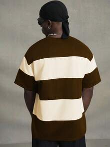 PAVTROS 男士圆领短袖条纹简约 T 恤，休闲日常穿着 - 咖啡棕 - 查看 6