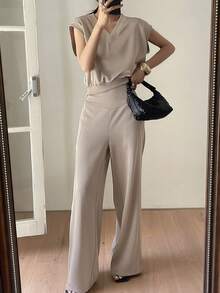 DAZY Women's Solid Color V-Neck Short Sleeve Top And Pants 2 Pieces Set Lounge Sets For Women Summer - Grey - View 7