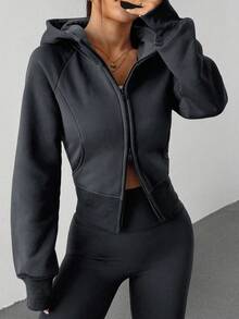 DAZY Women's Hooded Zip-Up Casual Slim Fit Thermal Lined Long Sleeve Sweatshirt Sweatshirt Jacket - Dark Grey - View 2