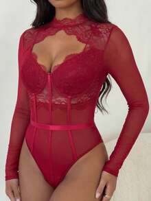 Allurite 女士时尚性感纯色蕾丝拼布镂空紧身衣 - 酒紅色 - 查看 5