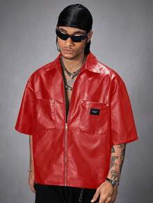 AXEPEAK Men's PU Leather Letter Embroidered Loose Woven Short Sleeve Shirt - Red - View 5