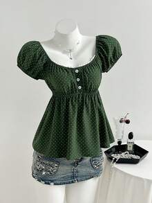 Elamini 女士舒适方领波点印花短袖衬衫 - 綠色 - 查看 5