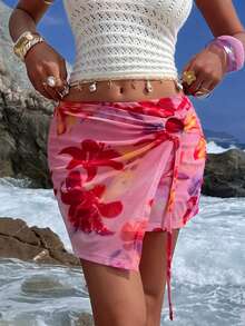 Opulessa Women's Summer Floral Print Wrap Skort With Ring Detail Suitable For Beach Vacation, Casual, Summer Holidays , Elegant, Going Out, Party, Beach Beach Shorts For Women Printed Shorts - Pink - View 7