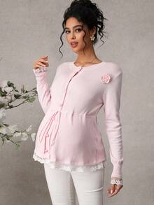 Momance Maternity Cardigan Sweater, Fitted Style With Floral Decor, Lace Trim At Collar & Cuffs, Waist Tie, Heart Button Design, Casual Elegant For Daily Wear & Dates, Long Sleeve Maternity Sweater Jacket - Pink - View 5