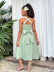 SHEIN Girls' Gray-Green Backless Bow Tie Princess Dress, Spring Style, Waist Cinched, Suitable For Party, Banquet, Birthday Occasions - Green - View 1