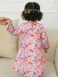 女童极简印花长袖连衣裙 - 粉色 - 查看 2