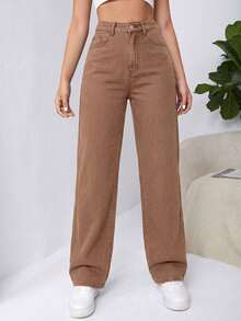 SHEIN EZwear Jeans holgados de tiro alto con bolsillos en diagonal - Marrón - Ver 3