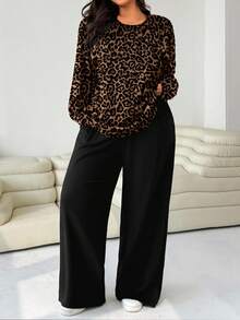 Solflare 2 piezas Conjunto de camiseta de cuello redondo holgada con estampado de leopardo y pantalones rectos para mujer talla grande, color negro, apto para primavera y otoño - Multicolor - Ver 1