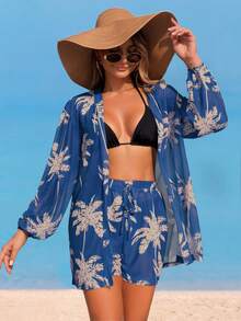 Swim Lushoire Set Pakaian Liburan Pantai Wanita - Atasan Lengan Panjang Motif Pohon Kelapa Jala, Celana Pendek Serut Bermotif, Set Penutup Tubuh - Biru - View 4