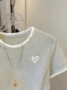 Resyla Women's Casual Heart Print Ribbed Hem Round Neck Short Sleeve T-Shirt, Summer - Grey - View 3