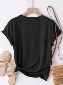 EMERY ROSE 大码女式休闲向日葵豹纹圆领短袖T恤 - 黑色 - 查看 2