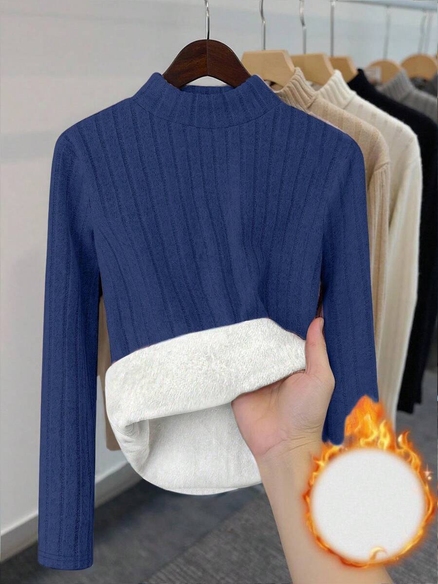 INAWLY 女士保暖修身纯色罗纹长袖T恤 - 寶藍色 - 查看 1