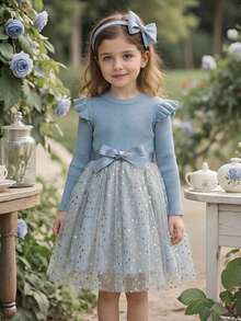 SHEIN Glamorique Kids 小女孩长袖针织薄纱星形网纱公主裙