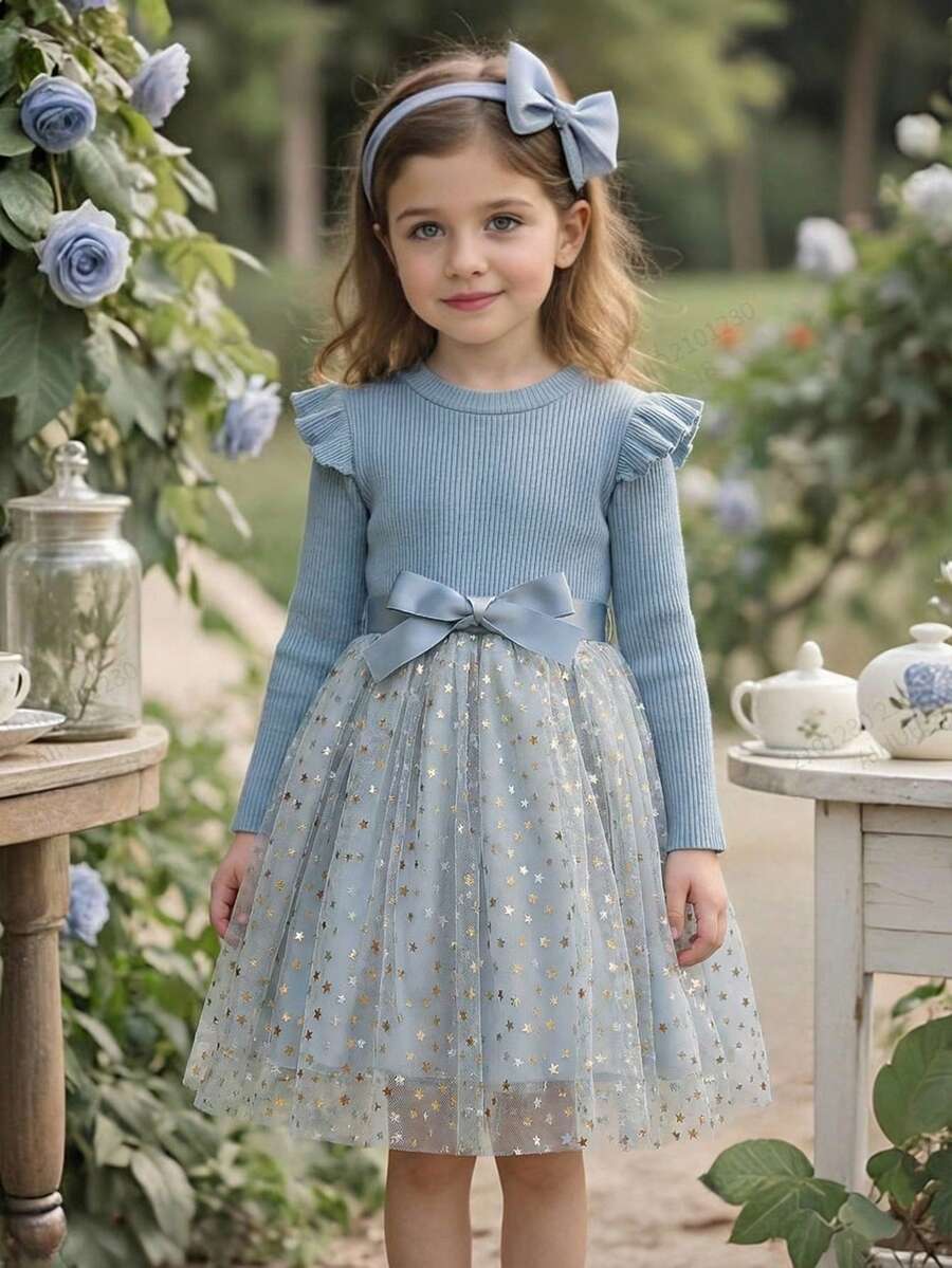 SHEIN Glamorique Kids 小女孩长袖针织薄纱星形网纱公主裙