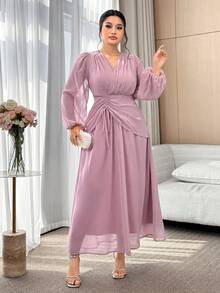 Modelyn Plus Size Women Solid Color Pleated Overlap V-Neck Lantern Sleeve Elegant Dress - Dusty Pink - View 4