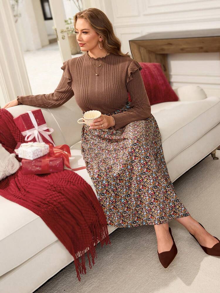 Plus Size Casual Ruffle Floral Patchwork Dress, Spring