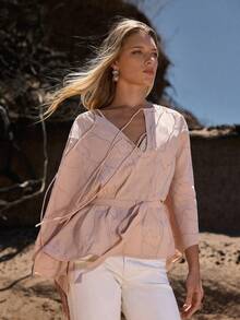 MOTF STUDIO CAMISA DE VACACIONES CON ADORNOS DE STRASS Y CORDONES PARA MUJER, PRIMAVERA/VERANO - Caqui - Ver 4