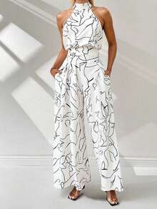 Mono femenino de cuello halter y pierna ancha, poliéster ligero, efecto estilizador, ideal para primavera y otoño - Blanco - Ver 3