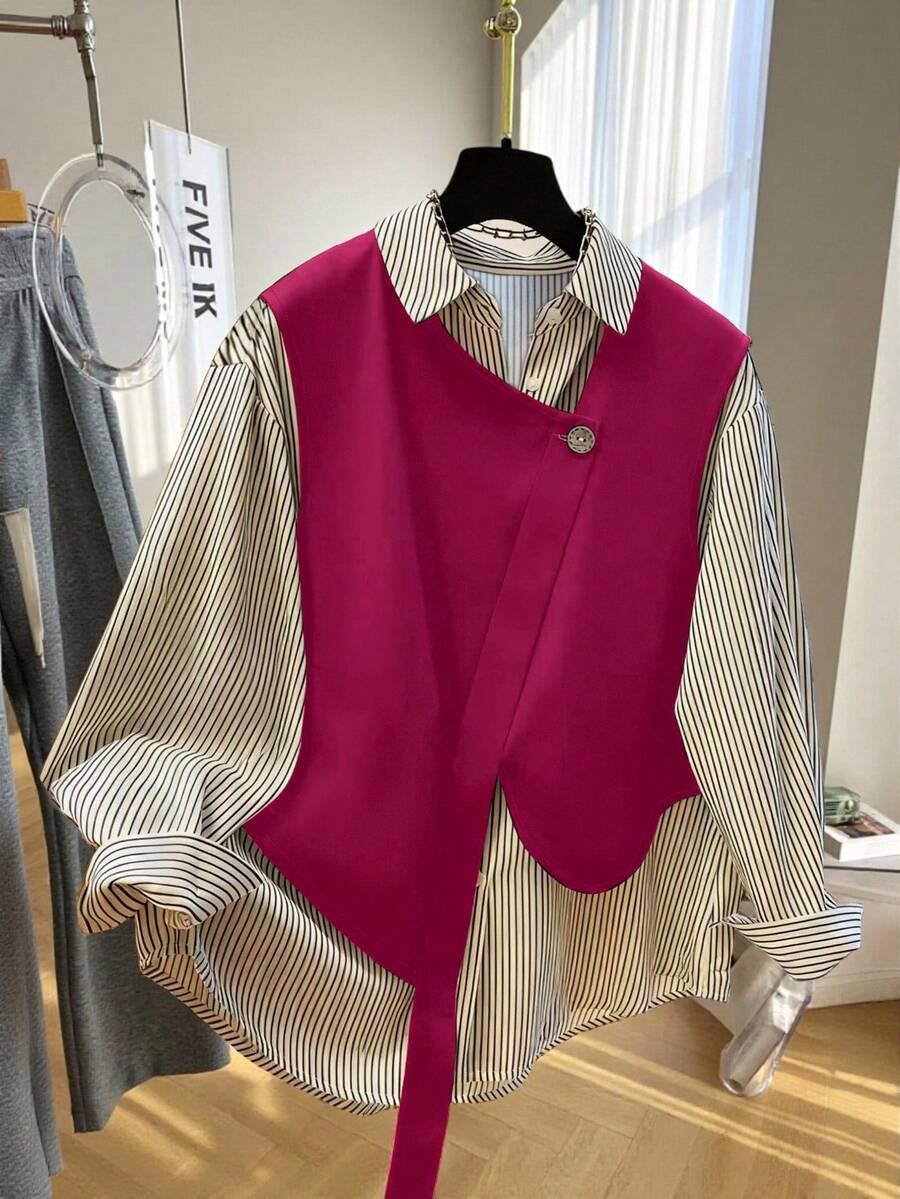 GlowEve Women's Casual Striped Print 2 In 1 Shirt, Suitable For Daily Wear And Commuting, Spring/Autumn - Hot Pink - View 1