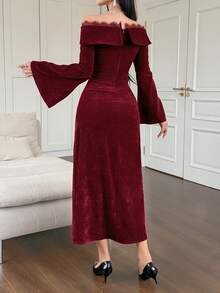 DAZY Women's Off-Shoulder Lace Patchwork Velvet Dress, Elegant And Fitted - Burgundy - View 3