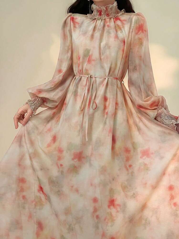 Women's Floral Print Stand Collar Cinched Waist Waist Long Sleeve Elegant Dress, Suitable For Formal Occasions Sundress