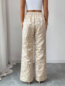 SHEIN Elenzya Quần ống loe jacquard không co giãn, thanh lịch dành cho nữ, thích hợp mặc hàng ngày. - Màu be - Xem 2