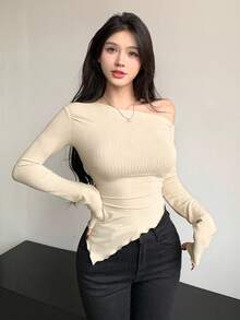DAZY 女士纯色不对称下摆修身长袖休闲T恤 - 米色 - 查看 5