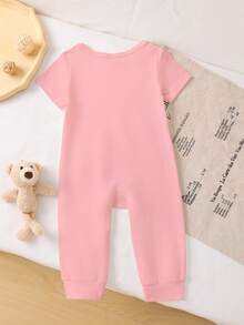 Baby Girl Casual Cute Slogan Print Romper, Pink Round Neck Jumpsuit Suitable For Spring/Summer - Grey - View 2