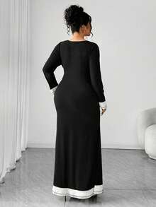 SHEIN Elenzya 大码女式撞色方领长袖修身优雅连衣裙 - 黑色 - 查看 2