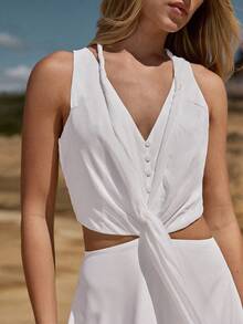 MOTF STUDIO VESTIDO CORTO DE GASA CON CINTURÓN DE AMARRE PARA MUJER, PRIMAVERA/VERANO - Blanco - Ver 2