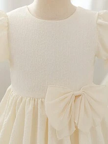 Glamorique Kids Young Girl'Elegant White Summer Flower Girl Apricot Jacquard Fabric Bubble Sleeve Princess Dress,Chiffon Bow Birthday Party Performance Princess Dress - Apricot - View 4