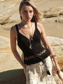 MOTF STUDIO WOMEN'S CROCHET LACE FRINGE KNIT TANK TOP, SPRING/SUMMER - Black - View 1