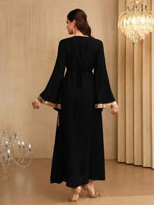 Al Najma Elegant Embroidered V-Neck Flare Sleeve Waist Tie Slim Fit Dress