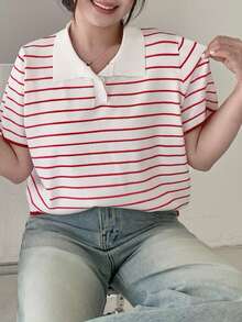Dazy Plus 纯色 Polo 领修身短袖针织衫，春夏秋季 - 紅白色 - 查看 1