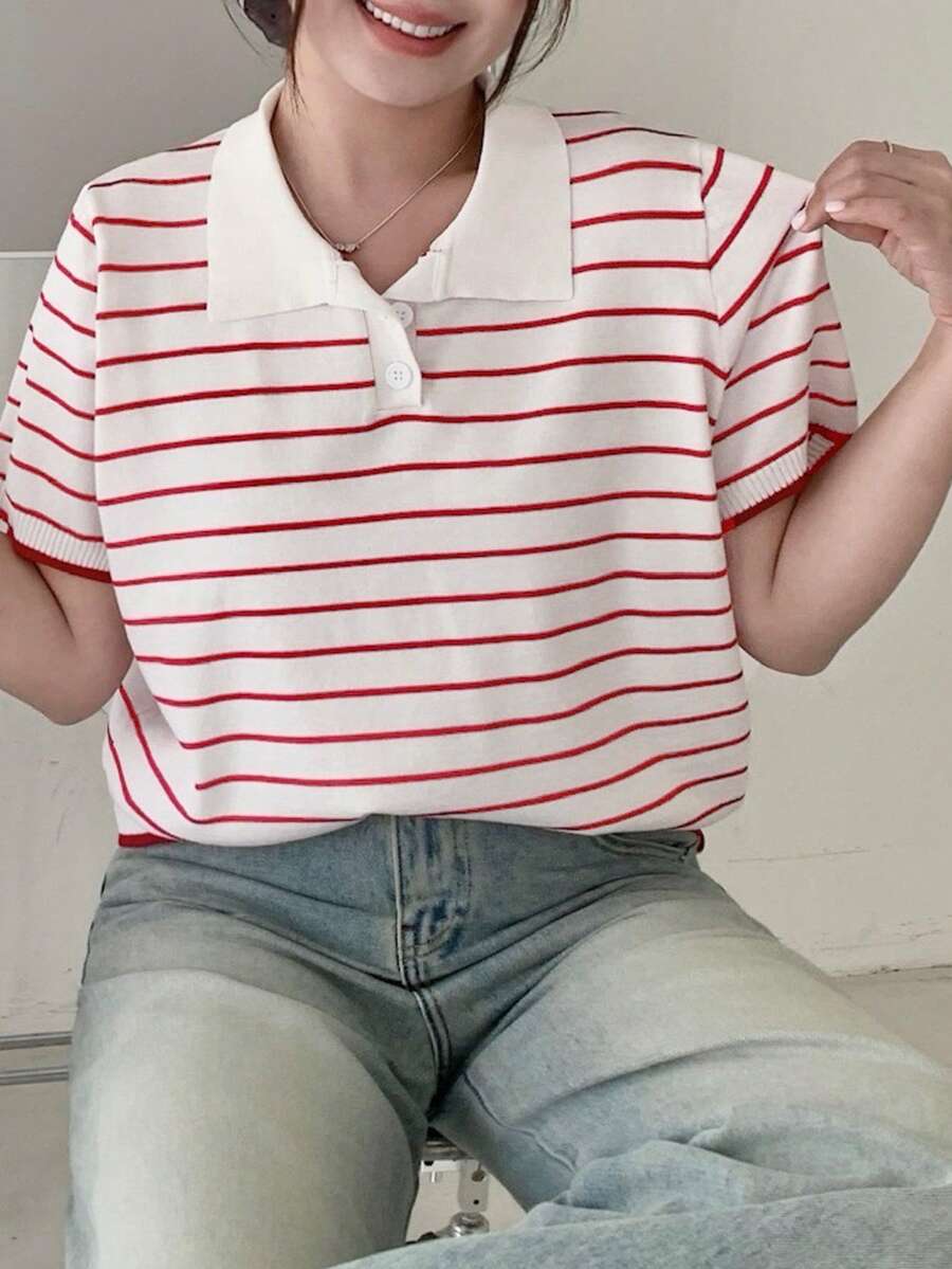 Dazy Plus 纯色 Polo 领修身短袖针织衫，春夏秋季 - 紅白色 - 查看 1