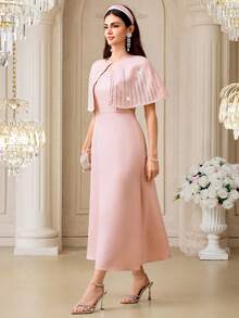 Modelyn New Design Patchwork Cloak Dress, Elegant Rhinestone Decor Waist Cinched Formal Gown ,Summer Dress,Spring Dresses For Women - Pink - View 3