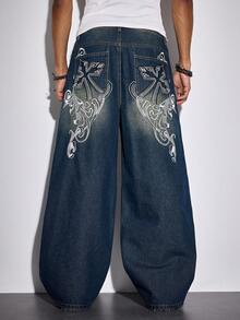 ROMWE MEN Goth Spring Casual Graphic Men'S Cross Embroidered Pocket Wide Leg Loose Casual Jeans - Blue - View 1