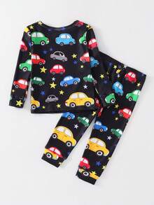 2 piezas Pijamas de manga larga ajustados para bebés niños, estampado de coche de dibujos animados que brilla en la oscuridad, suave y cómodo - azul real - Ver 2