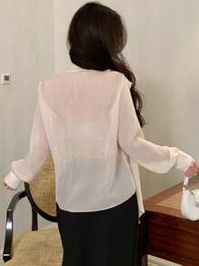 DAZY Women's Elegant Long Sleeve White Shirt, Casual Office/Commute Wear, Spring/Summer, Valentine's Day - Beige - View 4
