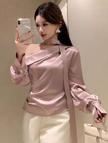 DAZY Camisa de mujer de manga larga con hombros descubiertos, diseño casual para oficina, viajes, bodas, primavera y verano - Rosa - Ver 7